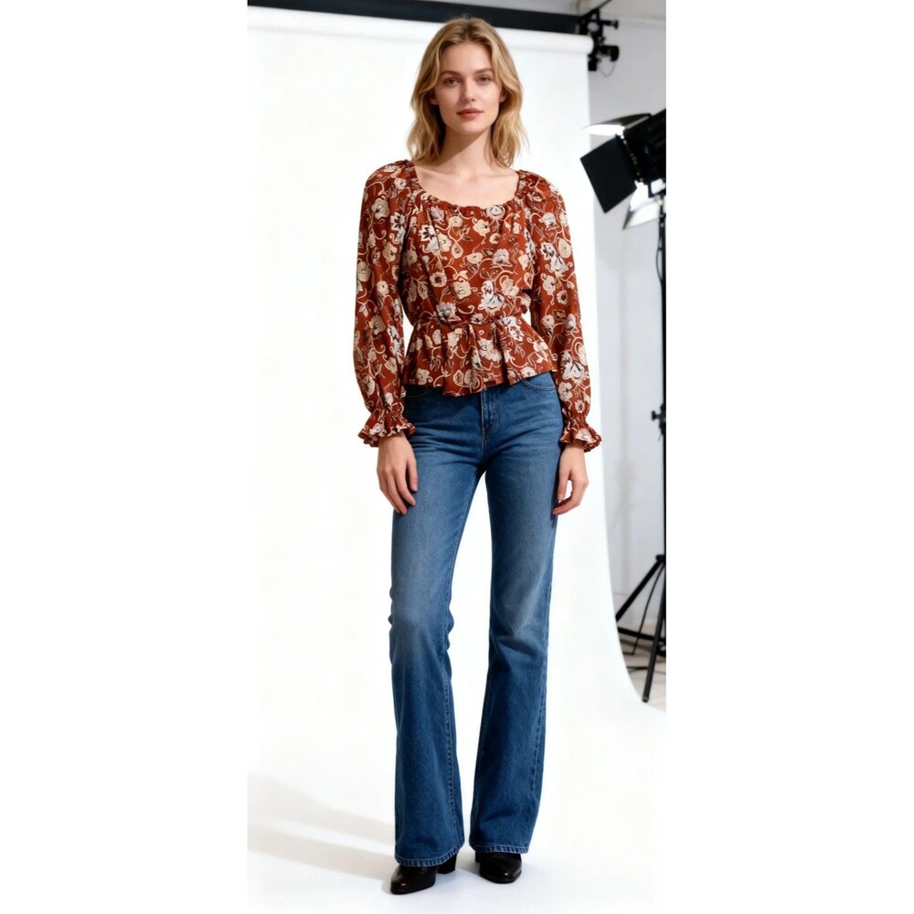 CeCe Womens Brown/White Floral Square Neck Ruffle Puff Sleeve Blouse XS